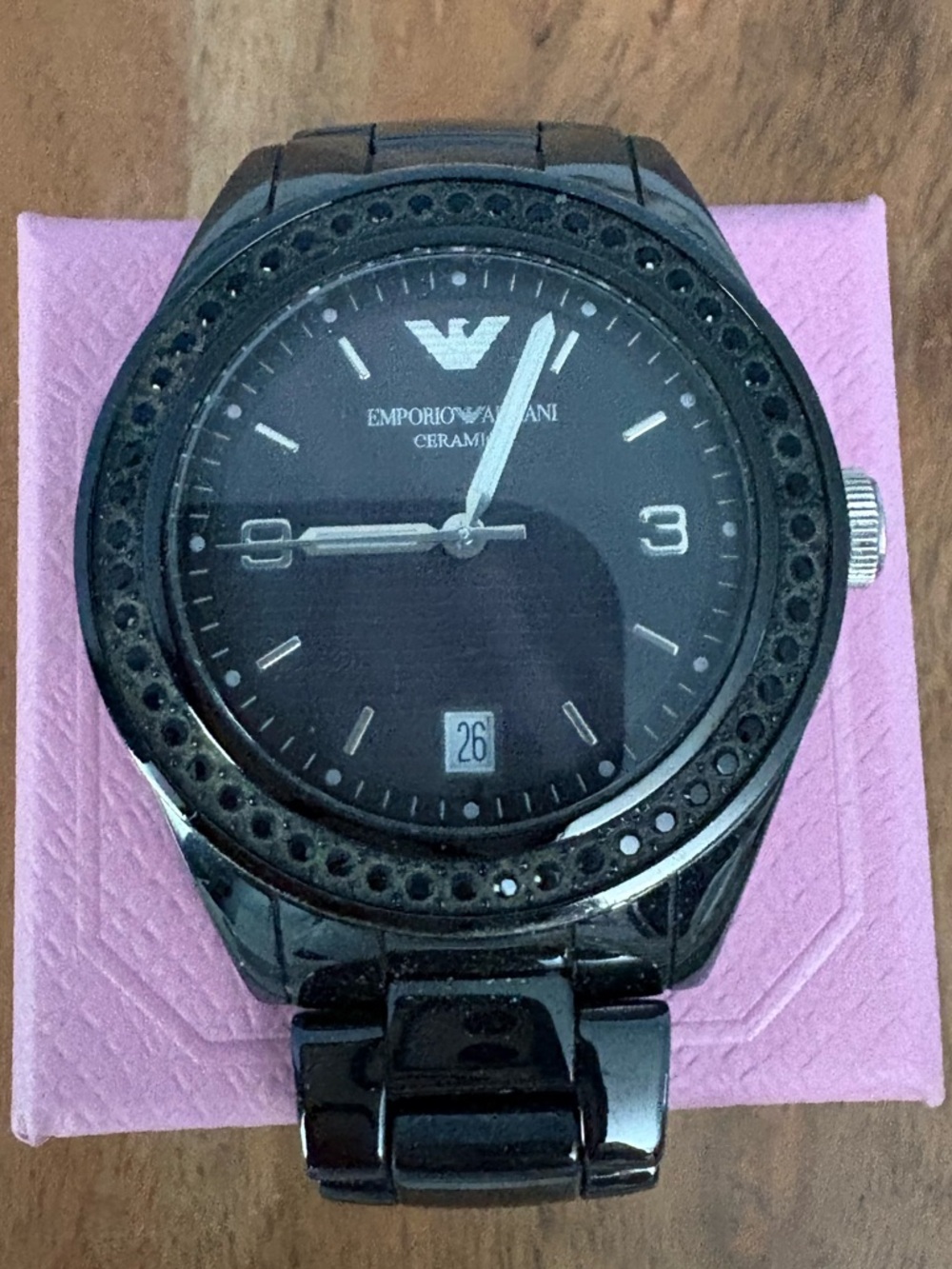 Emporio Armani Pearl Face Black Ceramic Women’s Watch w black crystals